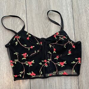 Floral Embroidered Black Crop Top Corset Size S
